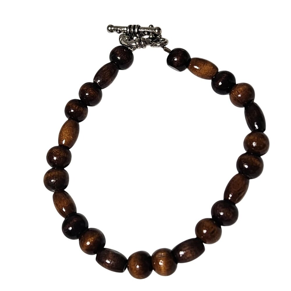 Handmade Boho Wooden Bead Bracelet Silver Tone Toggle Clasp Natural Jewelry
